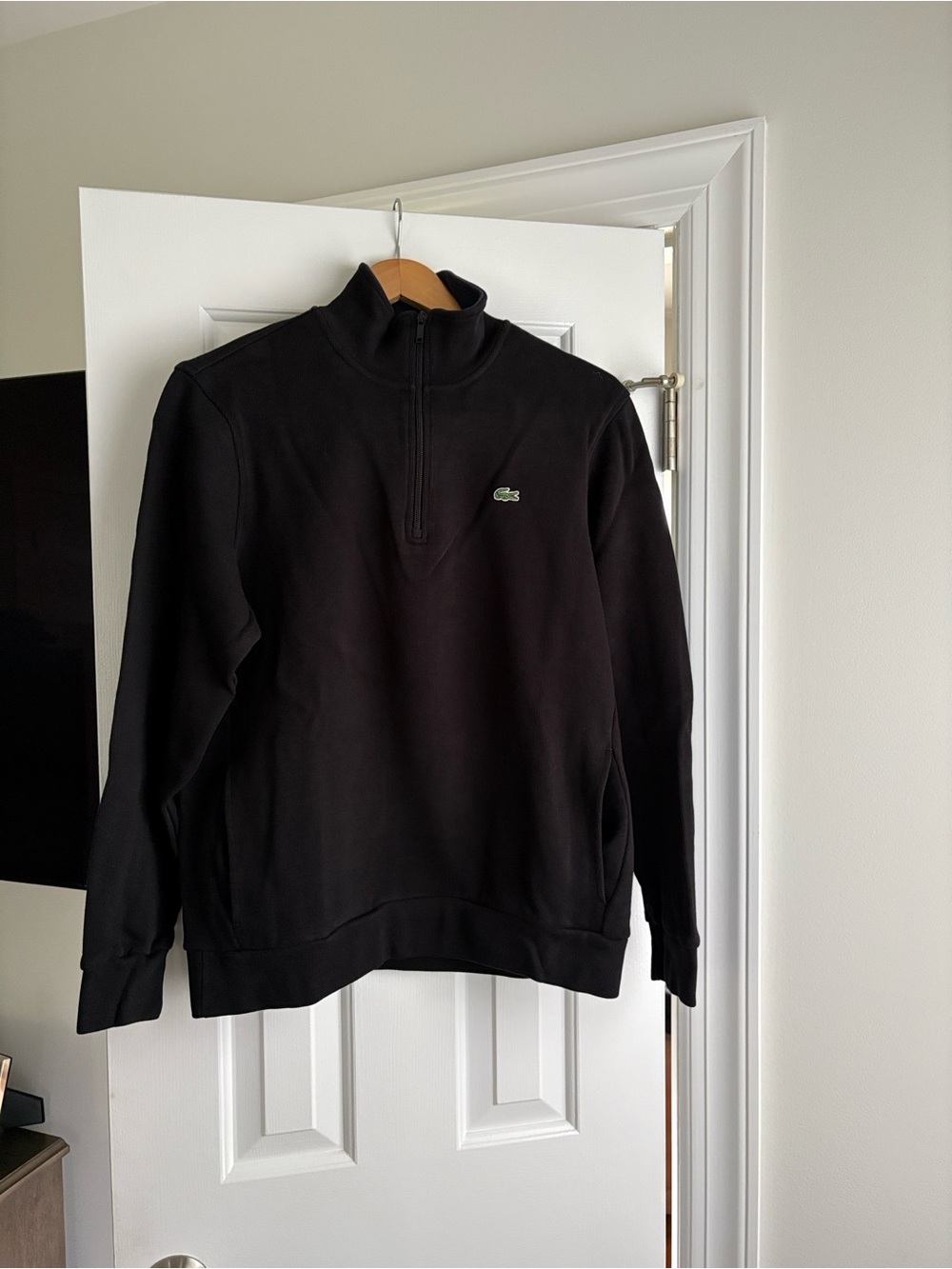 Lacoste Men's Black Quarter-Zip Sweatshirt with 2 side pockets, Crocodile Logo